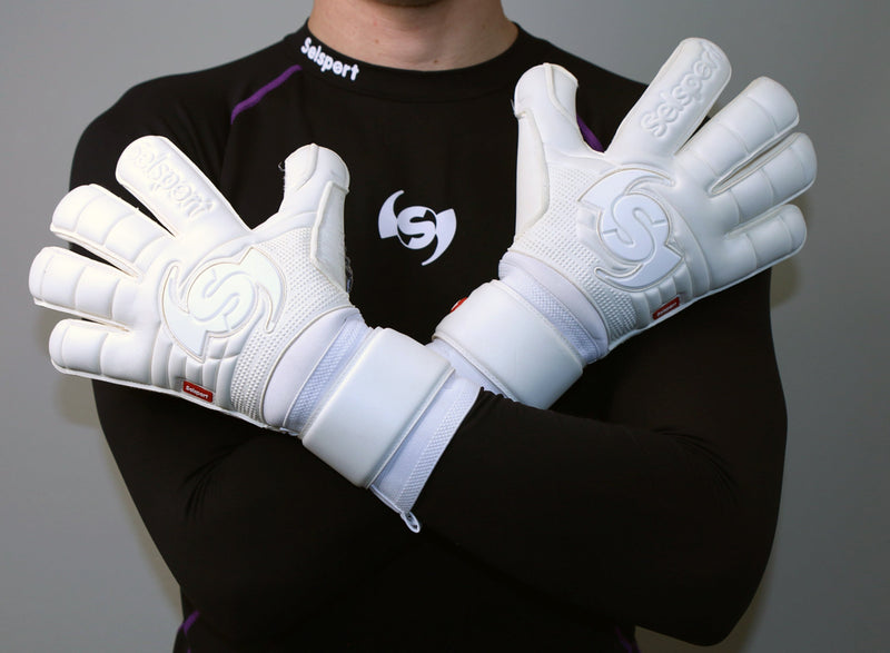 Selsport Wrappa Phantom professional goalkeeper glove in alll white with S wing logo
