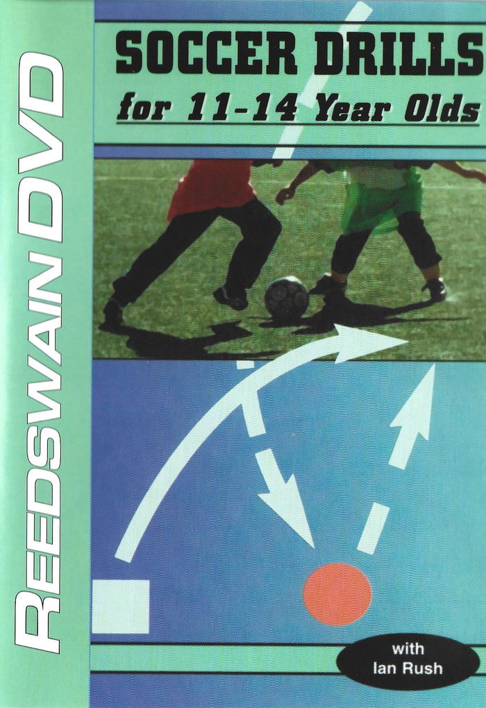 DVD cover for 'Soccer Drills for 11-14 Year Olds' featuring two children playing soccer on a grass field.