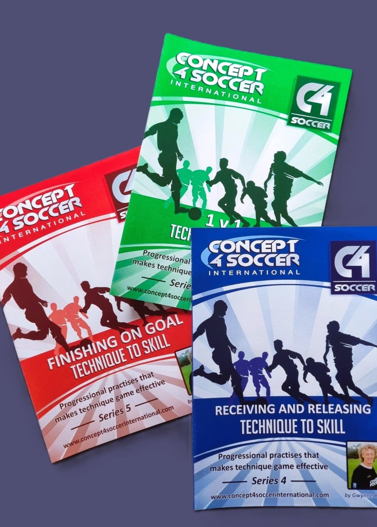 Three brochures from Concept 4 Soccer International on a purple background