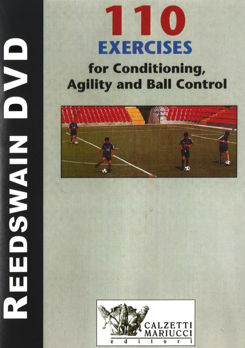 Cover of a DVD titled '110 Exercises for Conditioning, Agility and Ball Control' by ReedsWain with an image of people playing soccer.