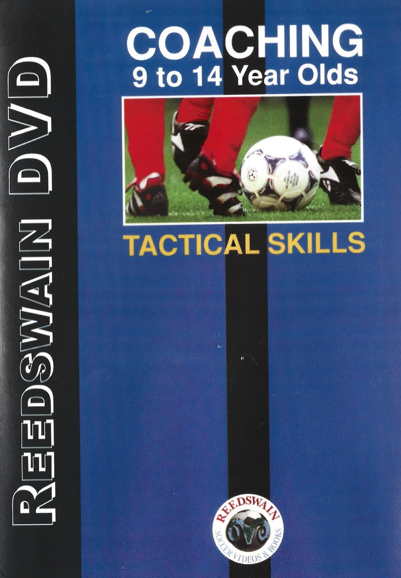 ReedsWain Coaching DVD for 9 to 14 year olds on tactical skills with a soccer ball and feet on a blue background.