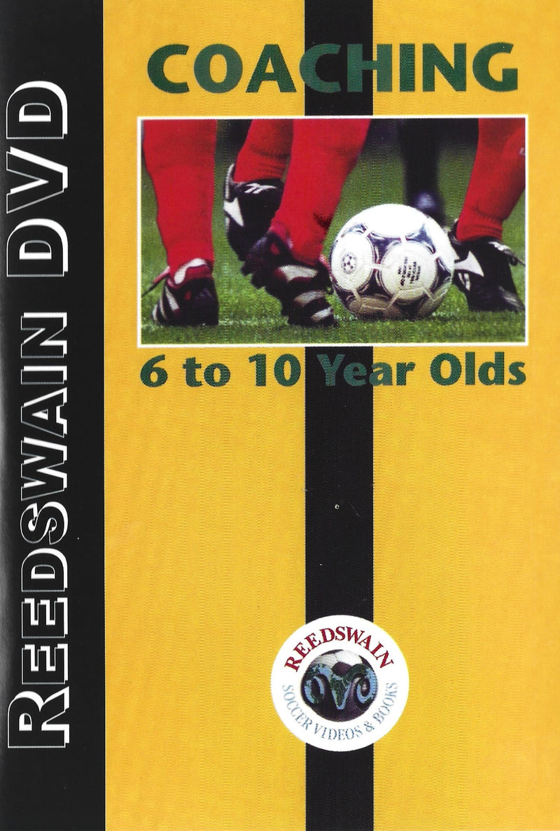 ReedsWain Coaching DVD for 6 to 10 year olds with a soccer ball and red pants on a yellow background.