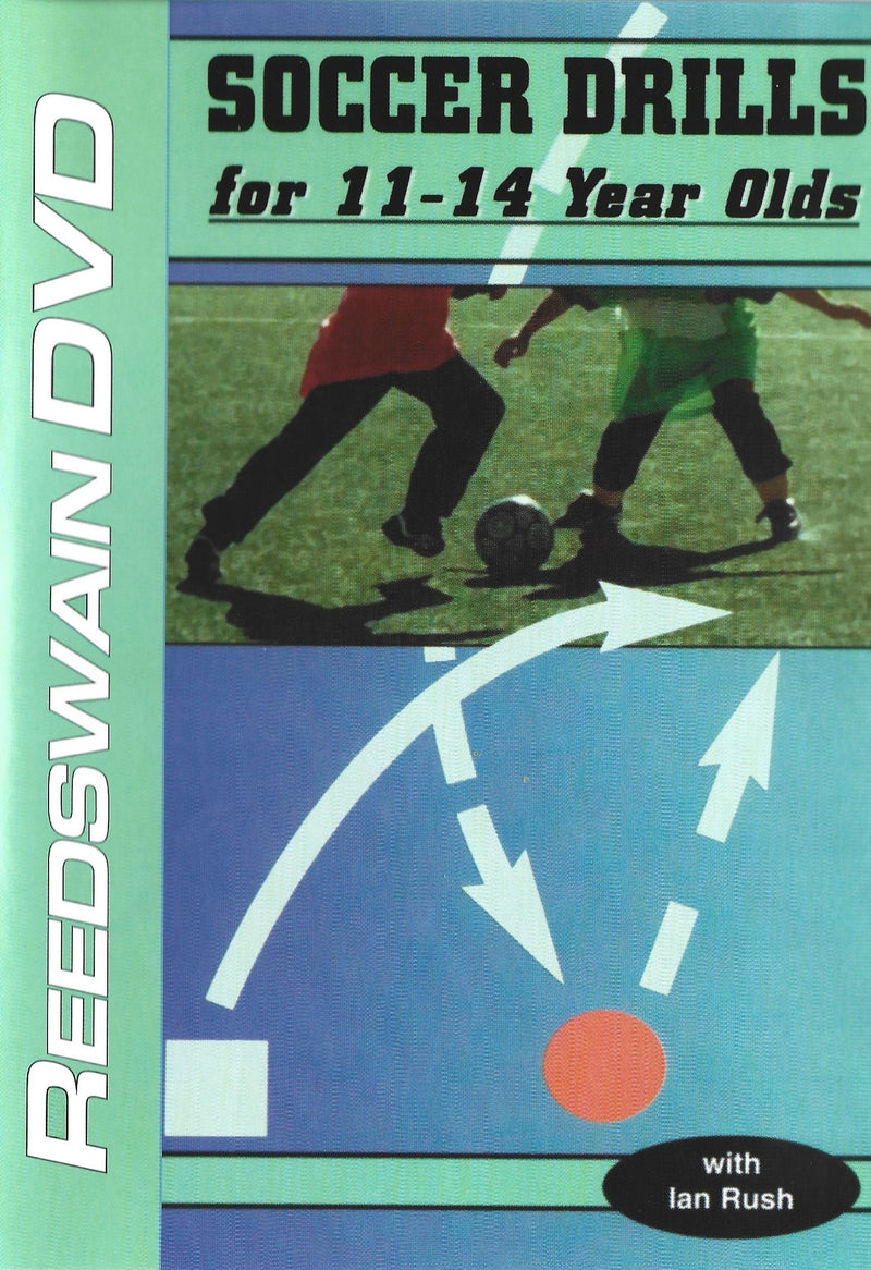 DVD cover for 'Soccer Drills for 11-14 Year Olds' featuring two children playing soccer on a grass field.