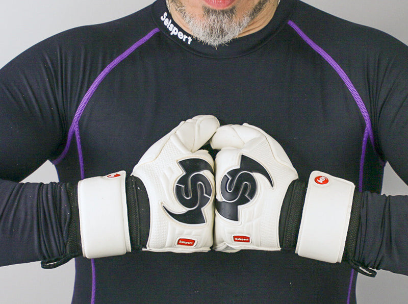 Selsport Ultimate UA+ Wrappa classic hybrid flat palm cut goalkeeper glove backhand with s wing logo in fist pose