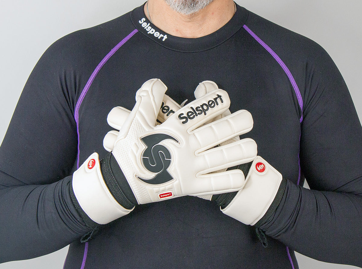 Seslport Wrappa Classic Professional  Latex Goalkeeper gloves  both gloves across chest showing S Wing logo